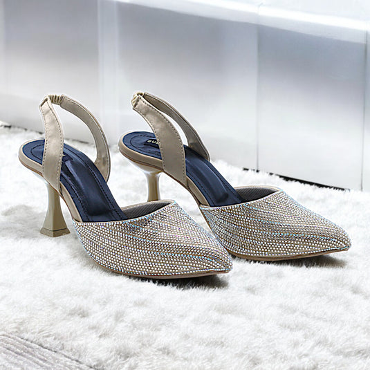 Stylish Swiss 3P gold pointed toe sandals for women.