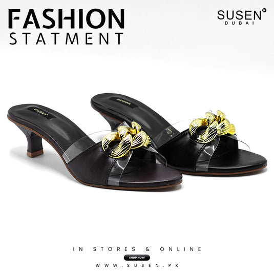 Get DAISY 001 Decorative Sandals featuring elegant black design and gold accents.