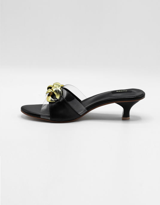 Stylish DAISY 001 Decorative Sandals with a sleek black finish and gold details.